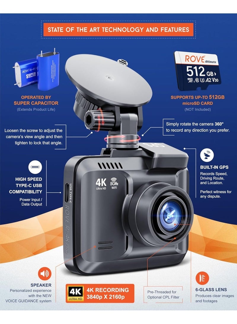 ROVE R2-4K PRO Dash Cam, Built-in GPS, 5G Wi-Fi Dash Camera for Cars, 2160P UHD 30fps Dashcam with APP, 2.4" IPS Screen, Night Vision, WDR, 150° Wide Angle, 24-Hr Parking Mode, Supports 512GB Max - Image 3